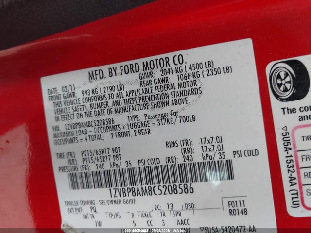 46054988 :رقم المزاد ، 1ZVBP8AM8C5208586 vin ، 2012 Ford Mustang V6 مزاد بيع