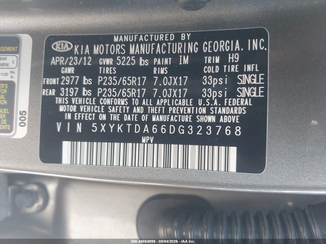 2013 Kia Sorento Lx მანქანა იყიდება აუქციონზე, vin: 5XYKTDA66DG323768, აუქციონის ნომერი: 46054999