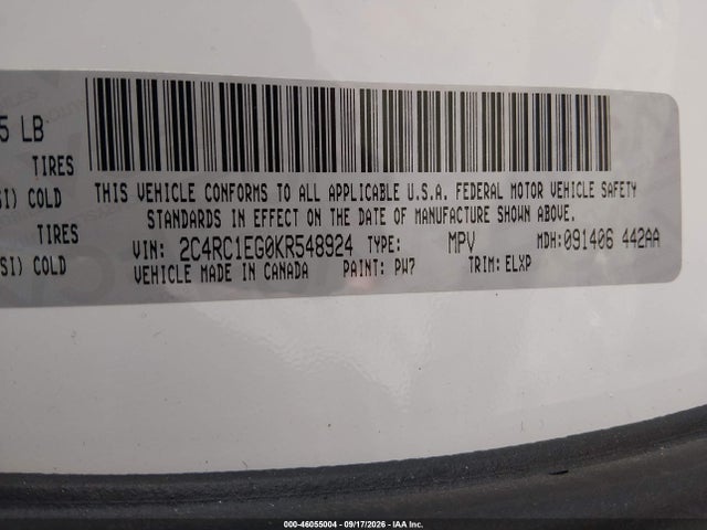 Aukcja sprzedaży 2019 Chrysler Pacifica Touring L Plus, vin: 2C4RC1EG0KR548924, numer aukcji: 46055004