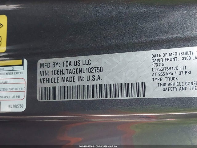 46055006 :رقم المزاد ، 1C6HJTAG0NL102750 vin ، 2022 Jeep Gladiator Willys 4x4 مزاد بيع