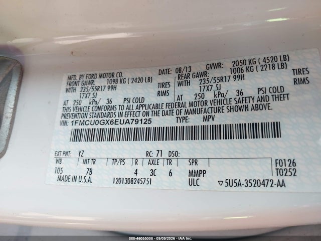 2014 Ford Escape Se მანქანა იყიდება აუქციონზე, vin: 1FMCU0GX6EUA79125, აუქციონის ნომერი: 46055008
