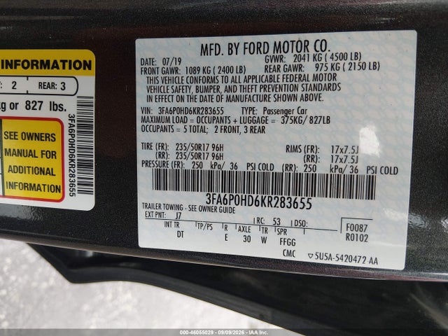 Продажа на аукционе авто 2019 Ford Fusion Se, vin: 3FA6P0HD6KR283655, номер лота: 46055029