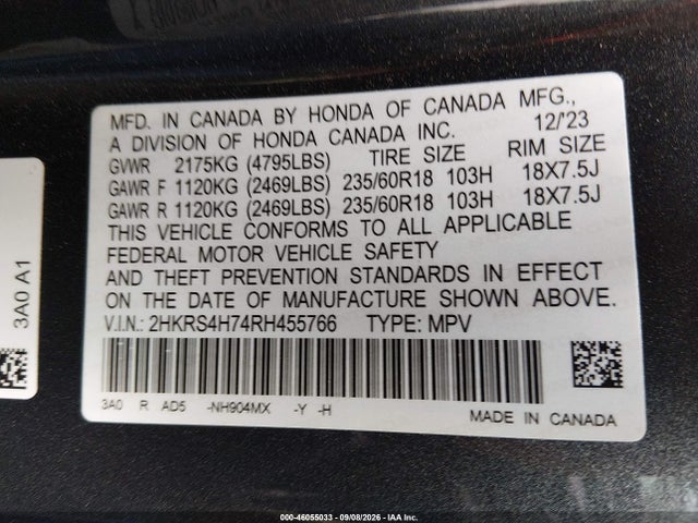 Продажа на аукционе авто 2024 Honda Cr-v Ex-l Awd, vin: 2HKRS4H74RH455766, номер лота: 46055033
