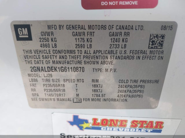 46055045 :رقم المزاد ، 2GNALDEK1G6110870 vin ، 2016 Chevrolet Equinox Ltz مزاد بيع