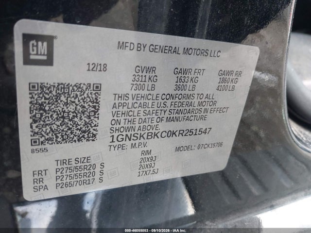46055053 :رقم المزاد ، 1GNSKBKC0KR251547 vin ، 2019 Chevrolet Tahoe Lt مزاد بيع