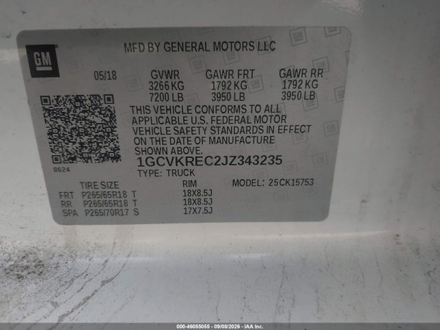 46055055 :رقم المزاد ، 1GCVKREC2JZ343235 vin ، 2018 Chevrolet Silverado 1500 2lt مزاد بيع