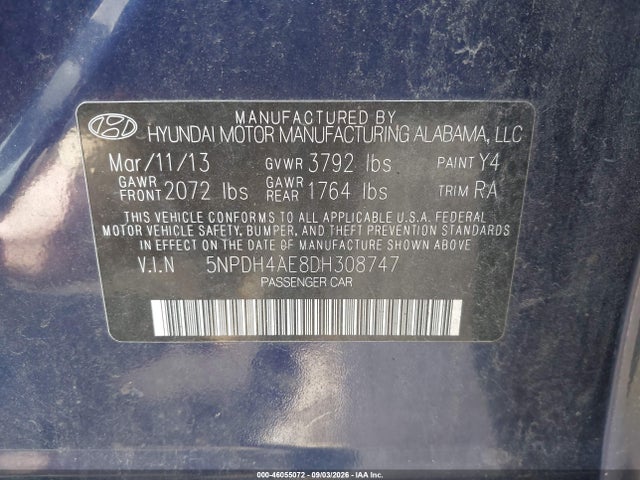 Aukcja sprzedaży 2013 Hyundai Elantra Limited, vin: 5NPDH4AE8DH308747, numer aukcji: 46055072