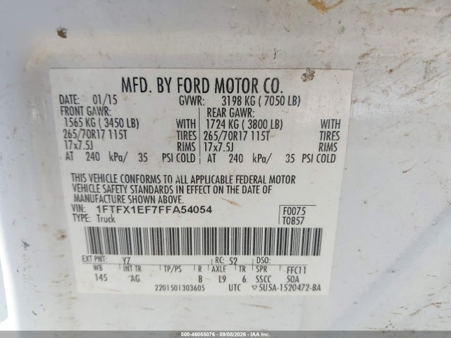 2015 Ford F-150 Xl მანქანა იყიდება აუქციონზე, vin: 1FTFX1EF7FFA54054, აუქციონის ნომერი: 46055076