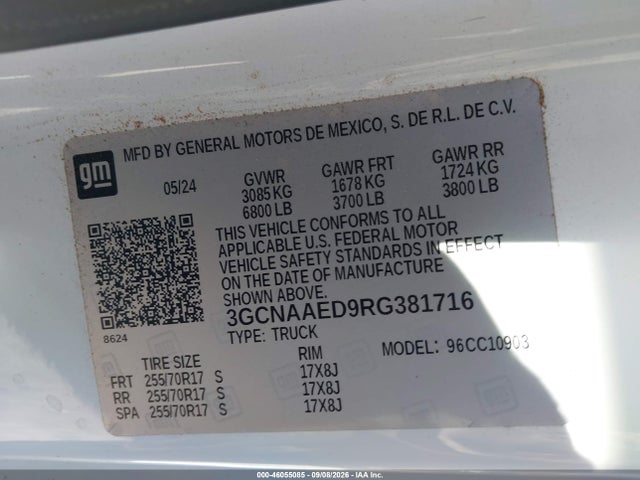 2024 Chevrolet Silverado 1500 მანქანა იყიდება აუქციონზე, vin: 3GCNAAED9RG381716, აუქციონის ნომერი: 46055085