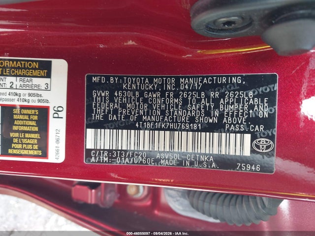 46055097 :رقم المزاد ، 4T1BF1FK7HU769181 vin ، 2017 Toyota Camry Le مزاد بيع