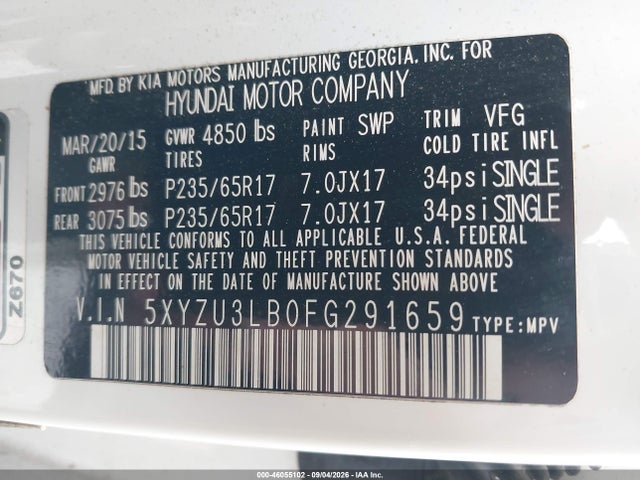 Продажа на аукционе авто 2015 Hyundai Santa Fe Sport 2.4l, vin: 5XYZU3LB0FG291659, номер лота: 46055102