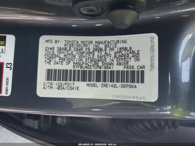 Продажа на аукционе авто 2012 Toyota Corolla S, vin: 5YFBU4EE7CP019941, номер лота: 46055110
