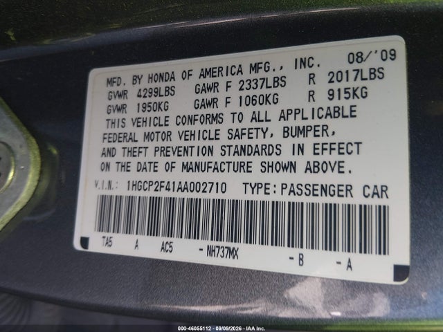 2010 Honda Accord 2.4 Lx-p მანქანა იყიდება აუქციონზე, vin: 1HGCP2F41AA002710, აუქციონის ნომერი: 46055112