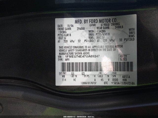 2007 Ford Explorer Eddie Bauer მანქანა იყიდება აუქციონზე, vin: 1FMEU74E47UA69247, აუქციონის ნომერი: 46055113
