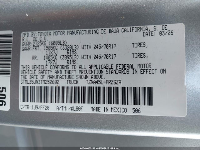 46055116 :رقم المزاد ، 3TMLB5JN3TM252602 vin ، 2026 Toyota Tacoma Sr5 مزاد بيع