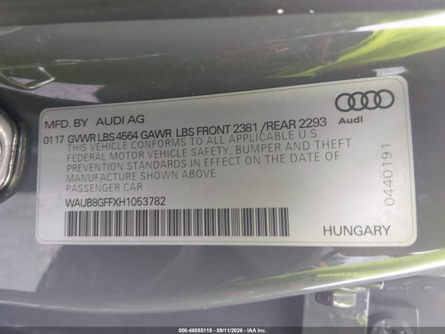 2017 Audi A3 2.0t Premium მანქანა იყიდება აუქციონზე, vin: WAUB8GFFXH1053782, აუქციონის ნომერი: 46055118