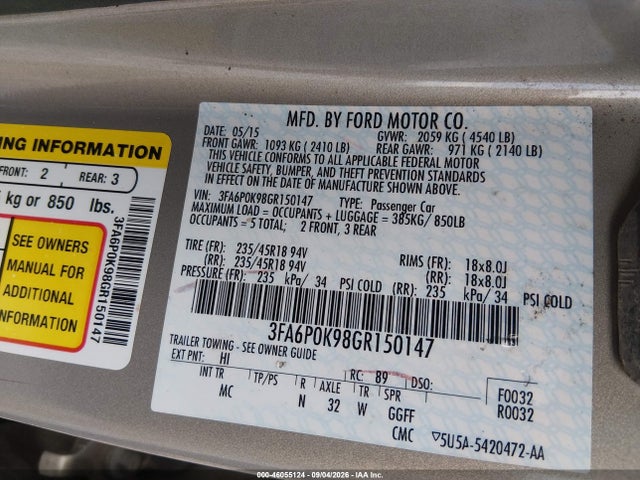 Продажа на аукционе авто 2016 Ford Fusion Titanium, vin: 3FA6P0K98GR150147, номер лота: 46055124