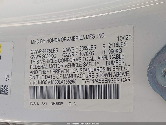 Aukcja sprzedaży 2020 Honda Accord Sport, vin: 1HGCV1F30LA155265, numer aukcji: 46055141