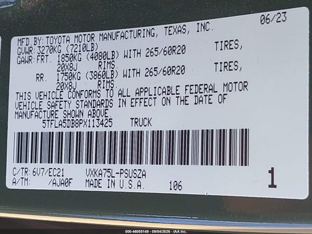 Auction sale of the 2023 Toyota Tundra Sr5, vin: 5TFLA5DB8PX113425, lot number: 46055149