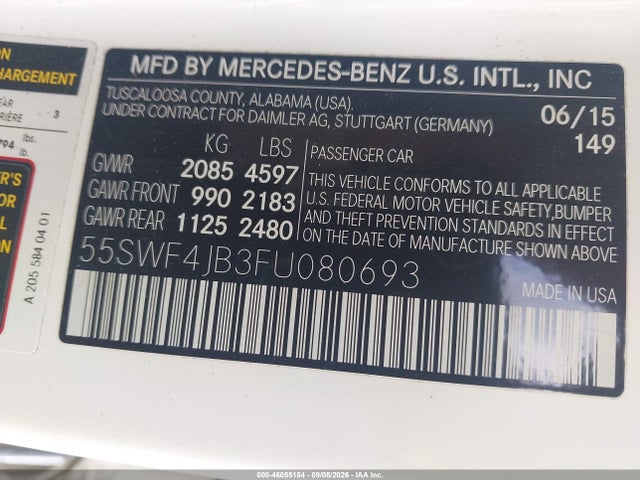 Продажа на аукционе авто 2015 Mercedes-benz C 300, vin: 55SWF4JB3FU080693, номер лота: 46055154