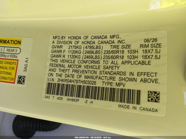 Продаж на аукціоні авто 2026 Honda Cr-v Ex-l Awd, vin: 2HKRS4H79TH503026, номер лоту: 46055158