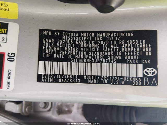 46055159 :رقم المزاد ، 5YFBURHE3JP787745 vin ، 2018 Toyota Corolla Le مزاد بيع