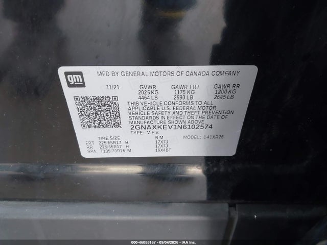 46055167 :رقم المزاد ، 2GNAXKEV1N6102574 vin ، 2022 Chevrolet Equinox Fwd Lt مزاد بيع