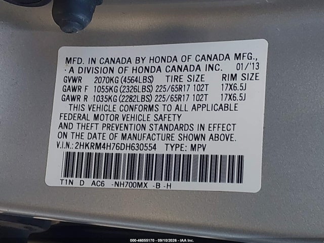 Aukcja sprzedaży 2013 Honda Cr-v Ex-l, vin: 2HKRM4H76DH630554, numer aukcji: 46055170