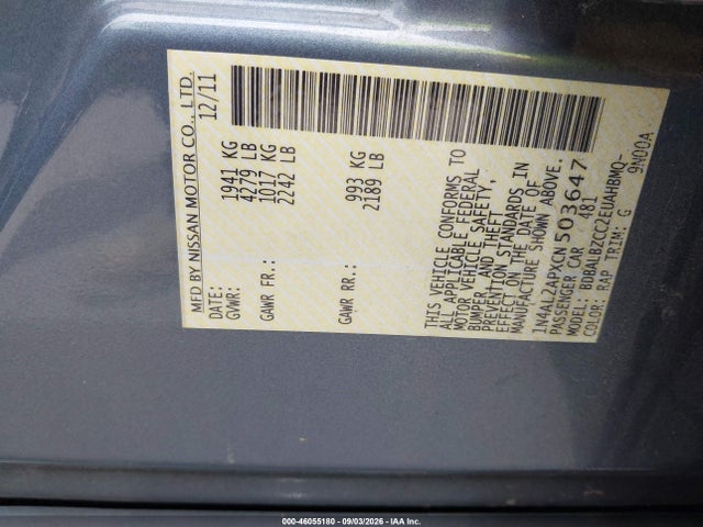 46055180 :رقم المزاد ، 1N4AL2APXCN503647 vin ، 2012 Nissan Altima 2.5 S مزاد بيع