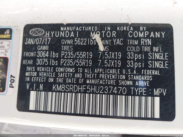 2017 Hyundai Santa Fe Limited Ultimate მანქანა იყიდება აუქციონზე, vin: KM8SRDHF5HU237470, აუქციონის ნომერი: 46055182