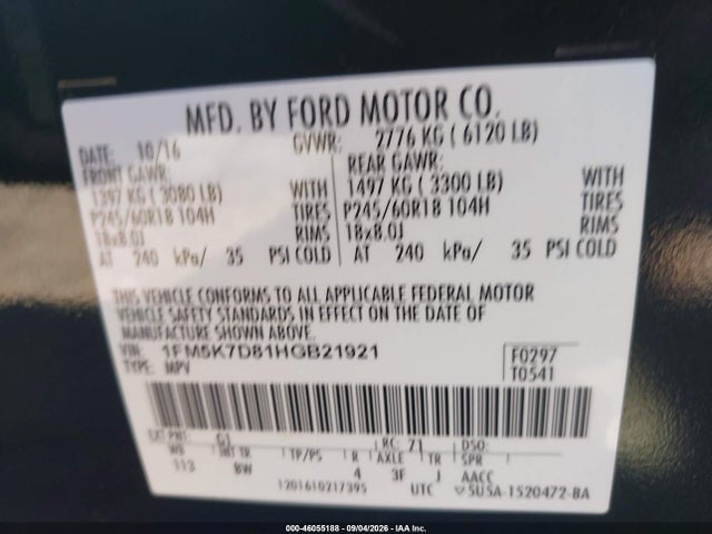 2017 Ford Explorer Xlt მანქანა იყიდება აუქციონზე, vin: 1FM5K7D81HGB21921, აუქციონის ნომერი: 46055188