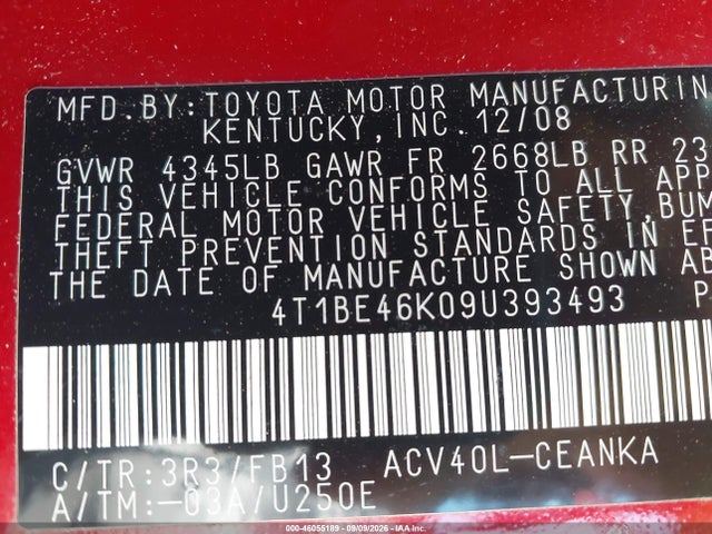 46055189 :رقم المزاد ، 4T1BE46K09U393493 vin ، 2009 Toyota Camry Le مزاد بيع
