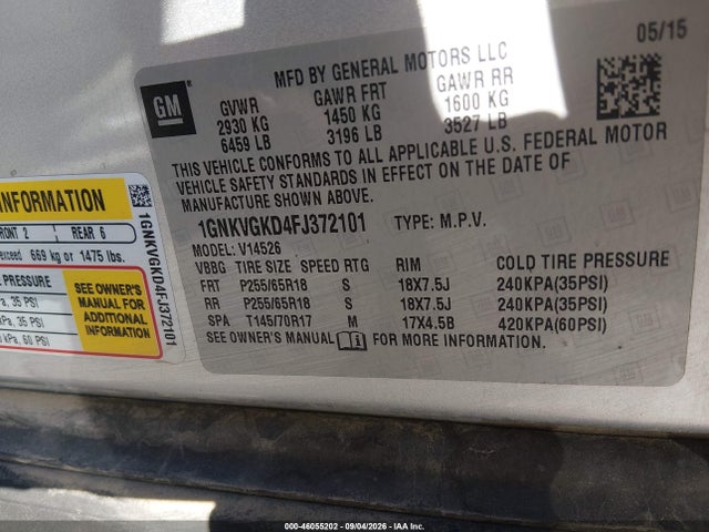 Chevrolet Traverse 1lt 2015 1GNKVGKD4FJ372101 Image 9