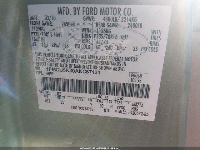 Продаж на аукціоні авто 2010 Ford Escape Hybrid Limited, vin: 1FMCU5K30AKC67131, номер лоту: 46055222