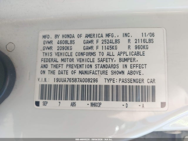 Aukcja sprzedaży 2007 Acura Tl Type S, vin: 19UUA76587A008296, numer aukcji: 46055225