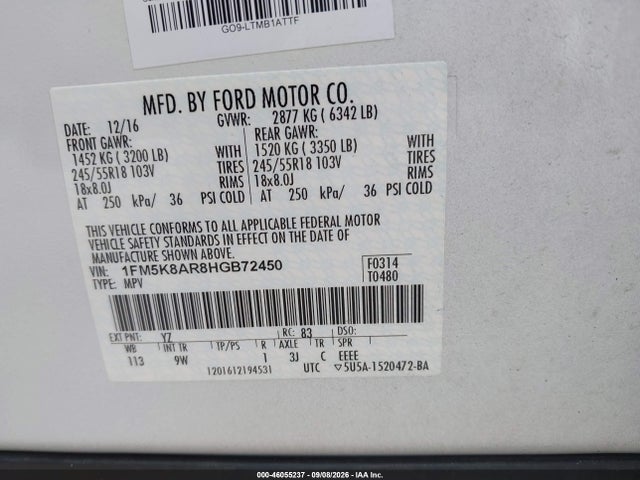 2017 Ford Utility Police Interceptor მანქანა იყიდება აუქციონზე, vin: 1FM5K8AR8HGB72450, აუქციონის ნომერი: 46055237