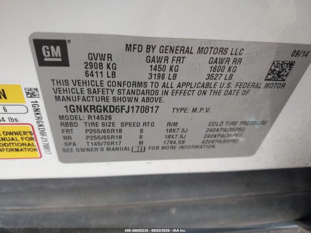 Продаж на аукціоні авто 2015 Chevrolet Traverse 1lt, vin: 1GNKRGKD6FJ170817, номер лоту: 46055238
