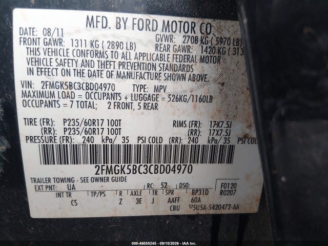 46055245 :رقم المزاد ، 2FMGK5BC3CBD04970 vin ، 2012 Ford Flex Se مزاد بيع