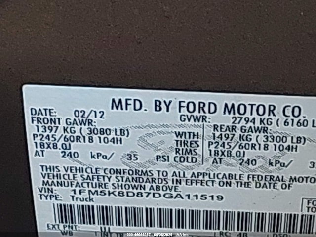 Продажа на аукционе авто 2013 Ford Explorer Xlt, vin: 1FM5K8D87DGA11519, номер лота: 46055257