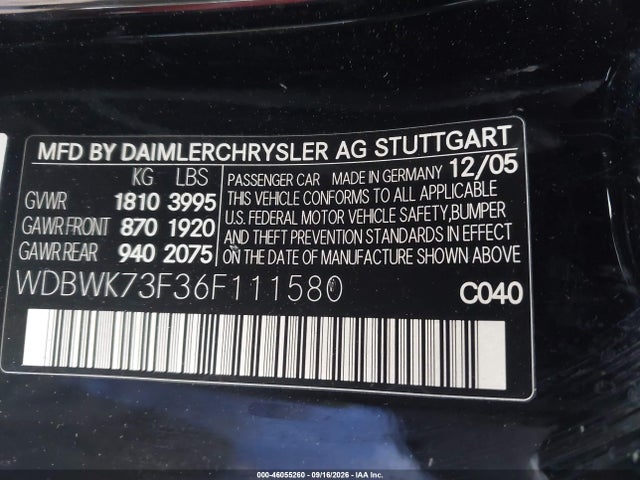 Aukcja sprzedaży 2006 Mercedes-benz Slk 55 Amg, vin: WDBWK73F36F111580, numer aukcji: 46055260