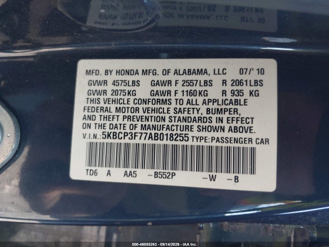 Auction sale of the 2010 Honda Accord 3.5 Ex, vin: 5KBCP3F77AB018255, lot number: 46055263