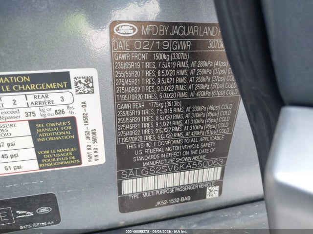 Продажа на аукционе авто 2019 Land Rover Range Rover 3.0l V6 Supercharged Hse, vin: SALGS2SV6KA550063, номер лота: 46055278