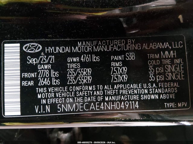Продажа на аукционе авто 2022 Hyundai Tucson Limited, vin: 5NMJECAE4NH049114, номер лота: 46055279