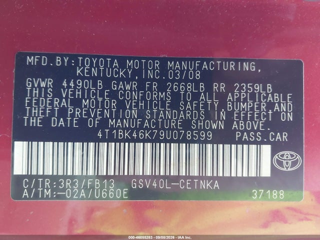 46055283 :رقم المزاد ، 4T1BK46K79U078599 vin ، 2009 Toyota Camry Le V6 مزاد بيع