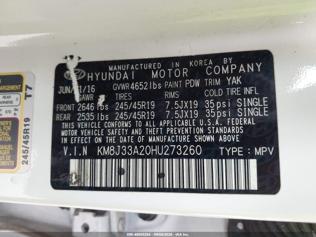 Aukcja sprzedaży 2017 Hyundai Tucson Limited, vin: KM8J33A20HU273260, numer aukcji: 46055284