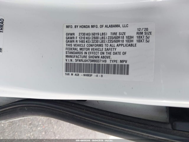 46055306 :رقم المزاد ، 5FNRL6H75MB037149 vin ، 2021 Honda Odyssey Ex-l مزاد بيع