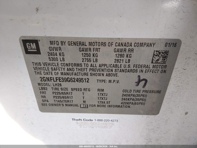 46055310 :رقم المزاد ، 2GNFLFE39G6249512 vin ، 2016 Chevrolet Equinox Lt مزاد بيع