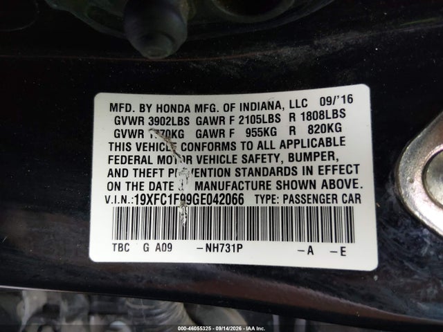 Продаж на аукціоні авто 2016 Honda Civic Touring, vin: 19XFC1F99GE042066, номер лоту: 46055325