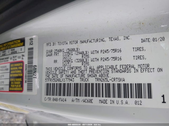 Aukcja sprzedaży 2020 Toyota Tacoma Sr, vin: 5TFRX5GN8LX177943, numer aukcji: 46055335