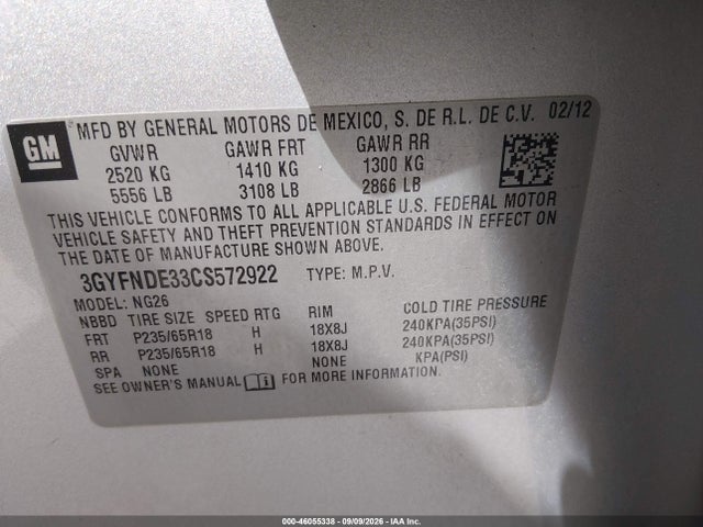 46055338 :رقم المزاد ، 3GYFNDE33CS572922 vin ، 2012 Cadillac Srx Luxury Collection مزاد بيع